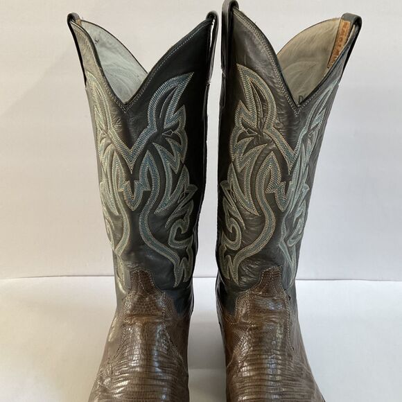 Vintage Cowtown Teju Lizard Cowboy Western Boots Black Shaft Mens 11.5D Handmade main image 8